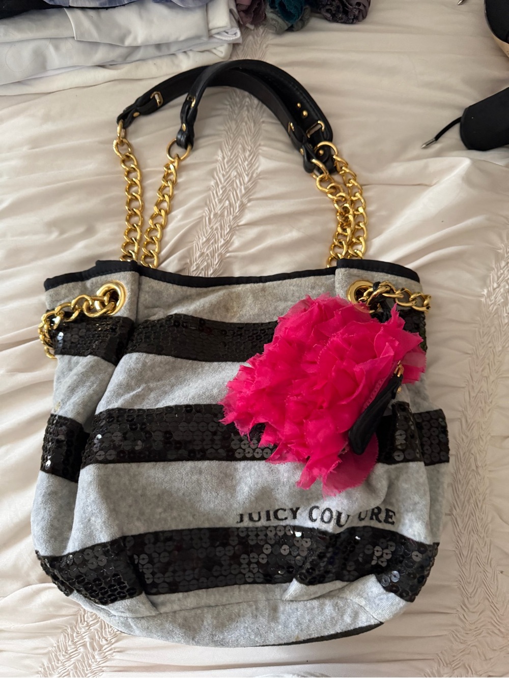 Juicy Couture Gray & Black Sequin Stripe Tote with Hot Pink Floral Charm